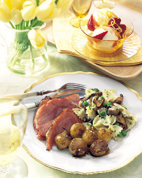 Balsamic and Dijon-Glazed Ham with Roasted Pearl Onions