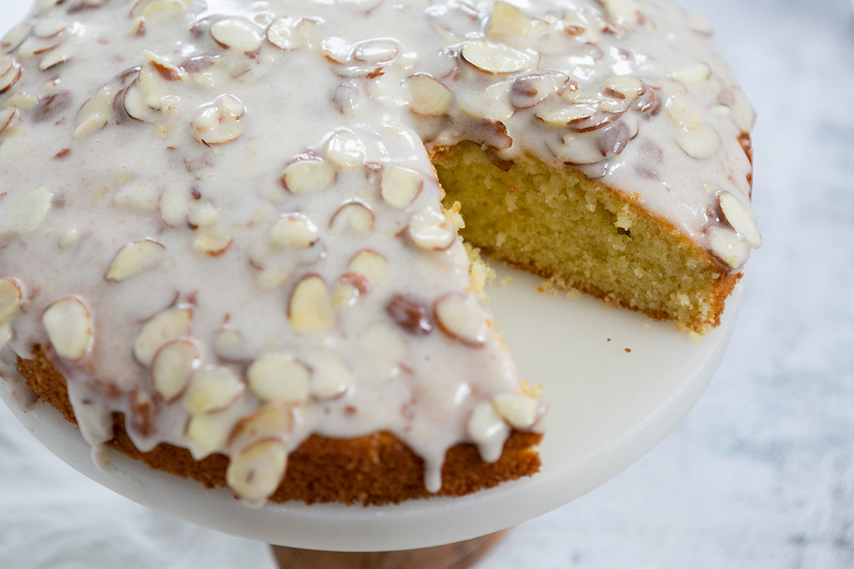 Lemon Olive Oil Cake with Brown Butter Glaze and Almonds