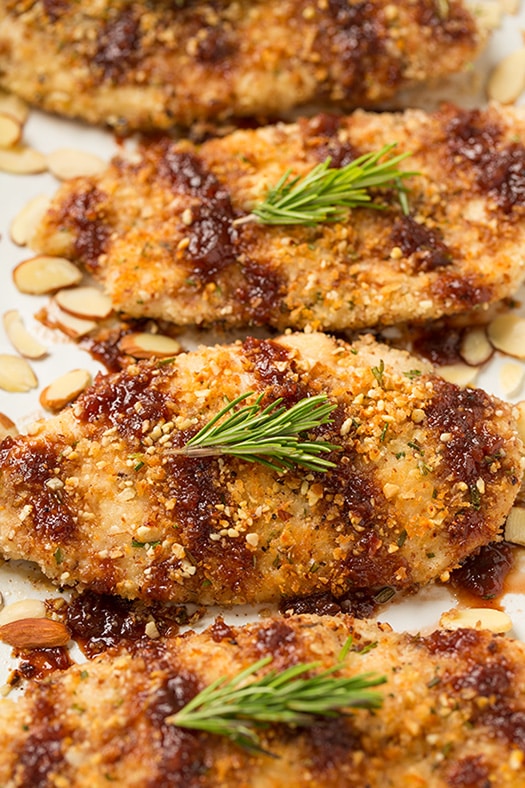 Tom's Almond Crusted Chicken with Strawberry Peach Balsamic Sauce